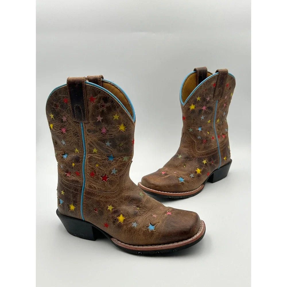 Dan Post Kids Brown Leather Star Embroidered Western Cowboy Boots Square Toe